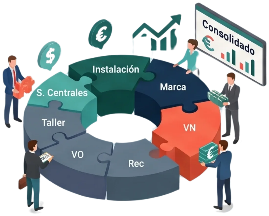 El presupuesto del grupo como un puzle circular: instalación, marca, VN, recambios, VO, taller y servicios centrales encajan en el consolidado.